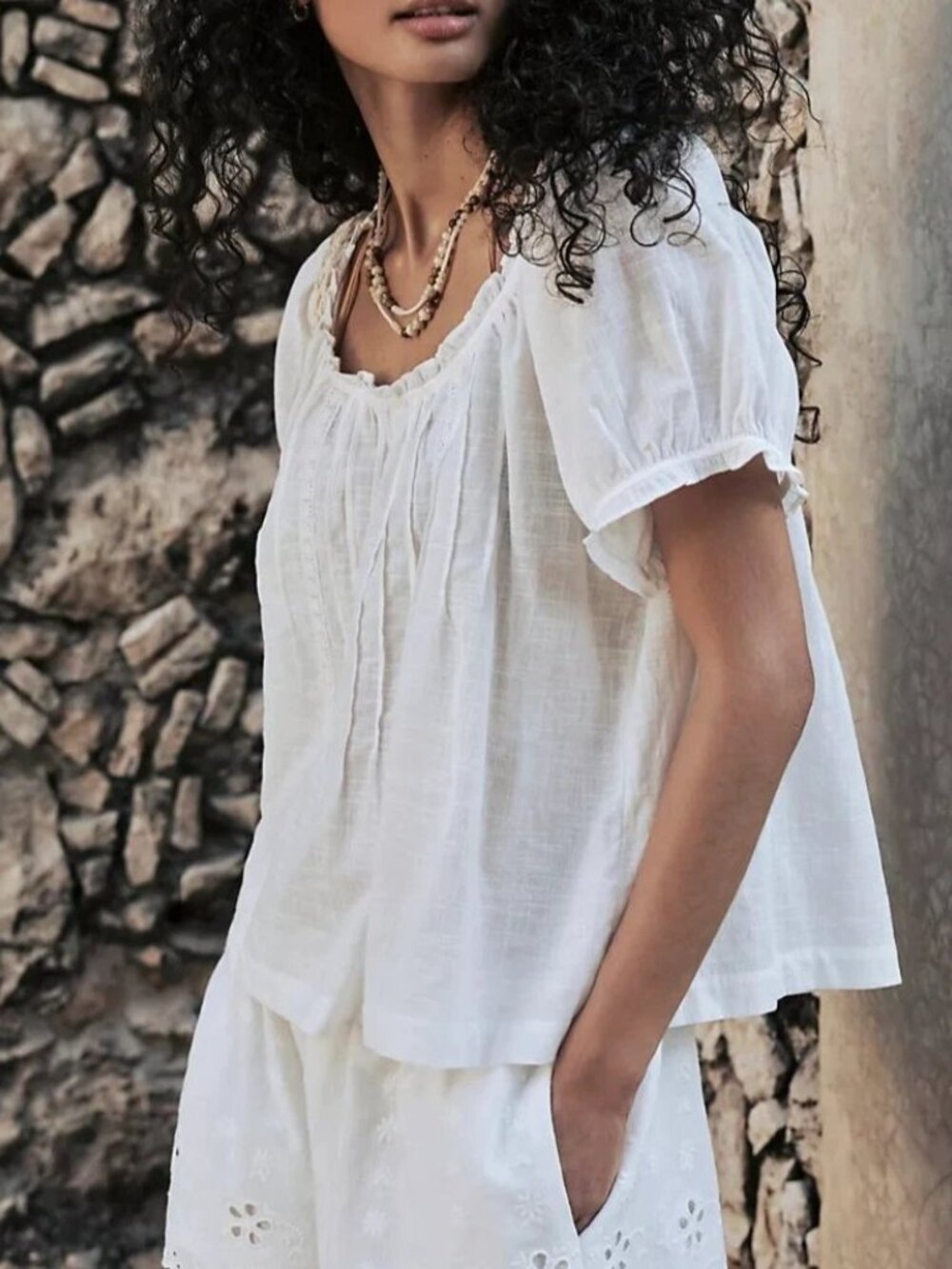 Free People Lindale Blouse Top Lace Ruffle Short Sleeve Cotton Ivory L 290402